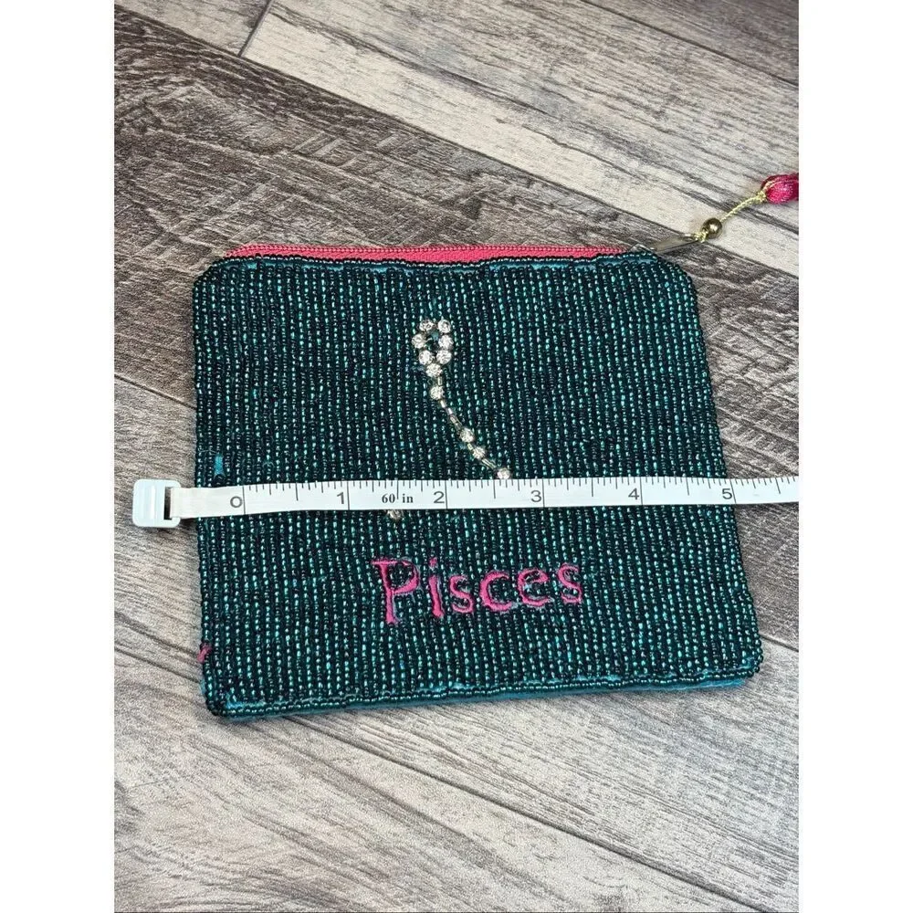 Beaded Pisces Zodiac Coin Purse | Teal & Pink Astrology Pouch with Rhinestone Co